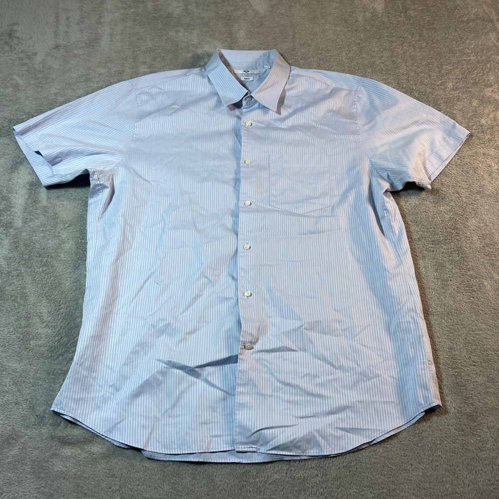 Uniqlo Slim Fit Shirt Men's XXL Blue Striped Short Sleeve‎ Button Up Lightweight